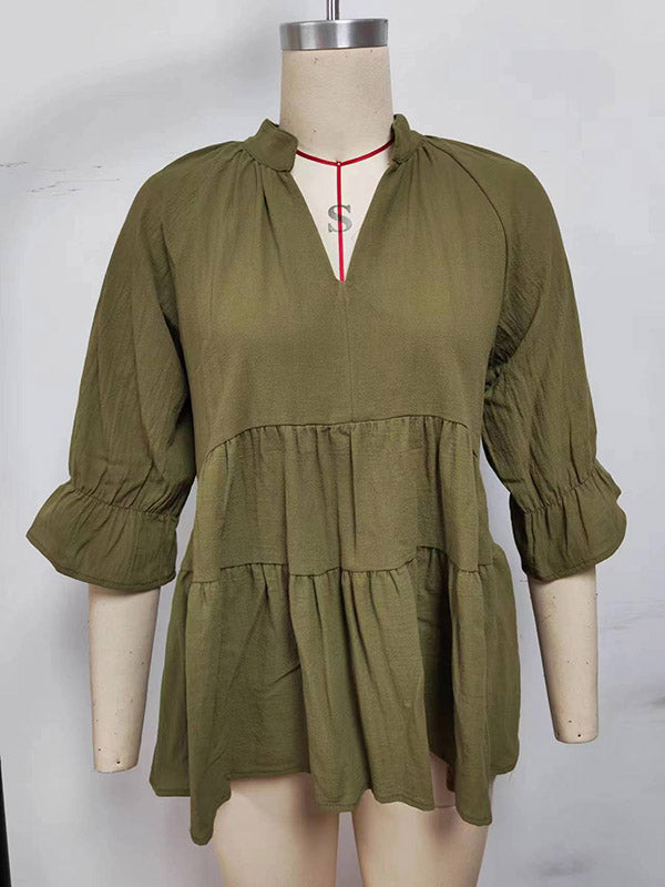 Elasticity Pleated Solid Color Split-Joint Loose Three-Quarter Sleeves V-Neck T-Shirts Tops
