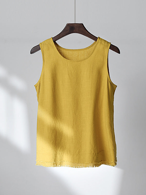 Fringed Solid Color Loose Sleeveless Round-Neck Vest Top