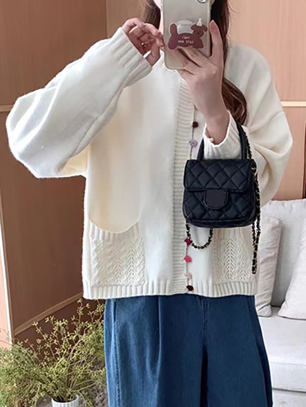 Buttoned Contrast Color Pockets Long Sleeves Loose Round-Neck Cardigan Tops