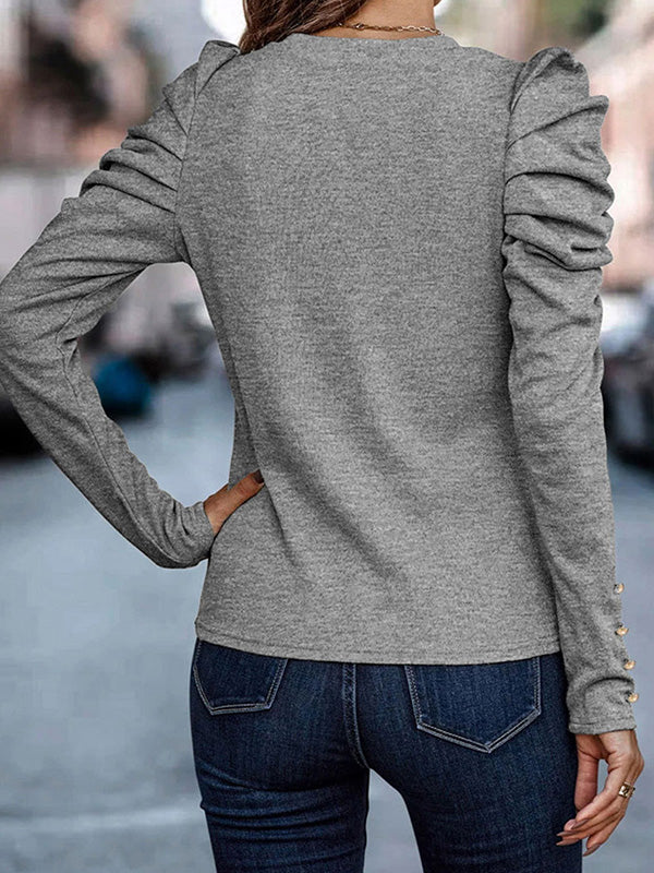 Buttoned Pleated Bishop Sleeve Long Sleeves Round-neck T-Shirts Tops