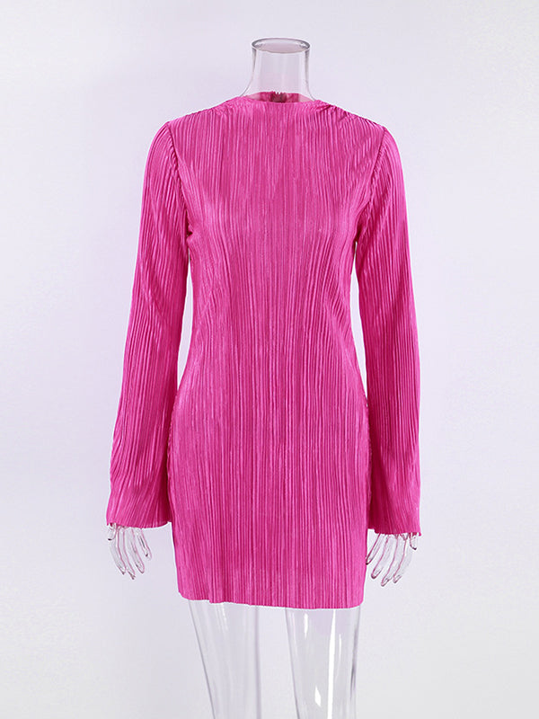 Pleated Solid Color Bodycon Flared Sleeves Mock Neck Mini Dresses