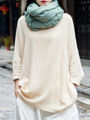 Simple Long Sleeves Ramie Cotton Tops