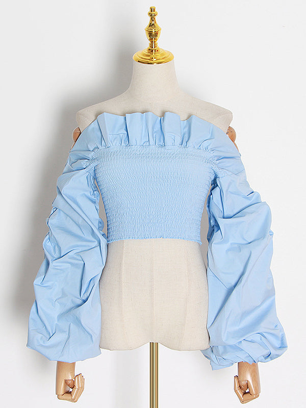 Elasticity Ruffle Trim Solid Color Split-Joint Long Sleeves Loose Off-The-Shoulder Blouses&Shirts Tops