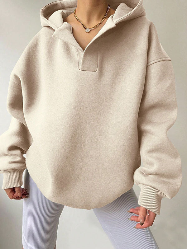 Solid Color Split-Joint Loose Puff Sleeves Hooded Hoodies Tops