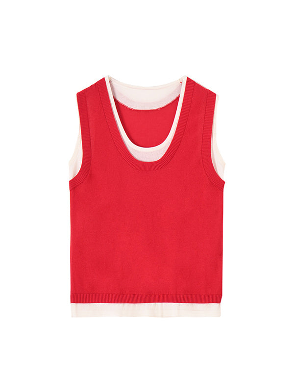 Contrast Color Split-Joint False Two Loose Round-neck Vest Top