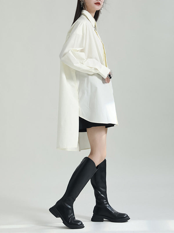 Solid Color Split-side High-low Irregular clipping Lapel Shirts Tops