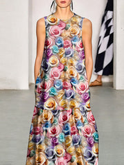 Flower Print Pleated Pockets Loose Sleeveless Round-Neck Midi Dresses
