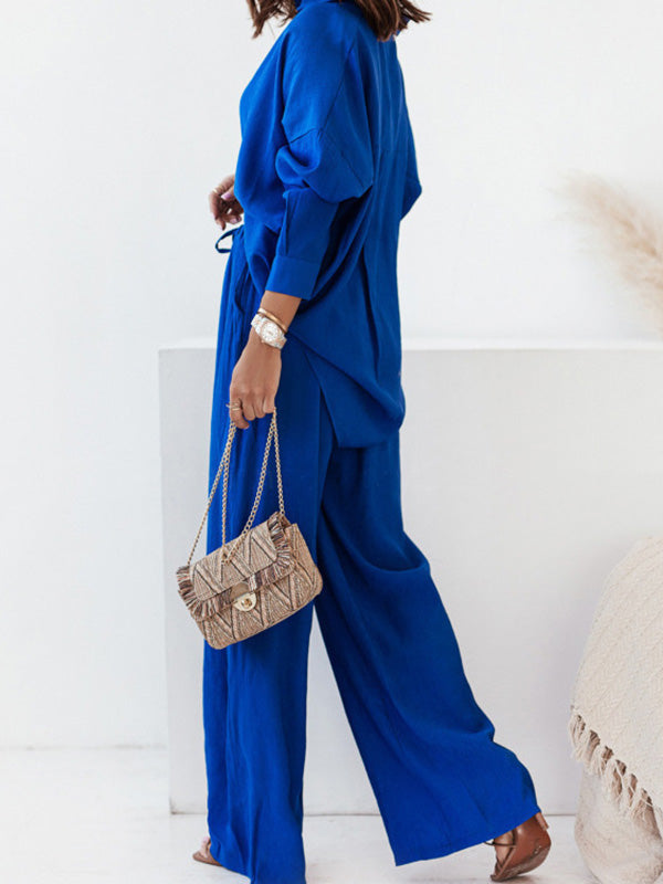 Lapel Long Sleeves Buttoned Pockets Solid Color Shirts Top + Elasticity High Waisted Pants Bottom Two Pieces Set