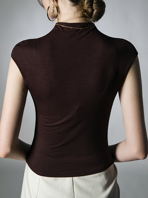 Pleated Solid Color Skinny Mock Neck T-Shirts Tops