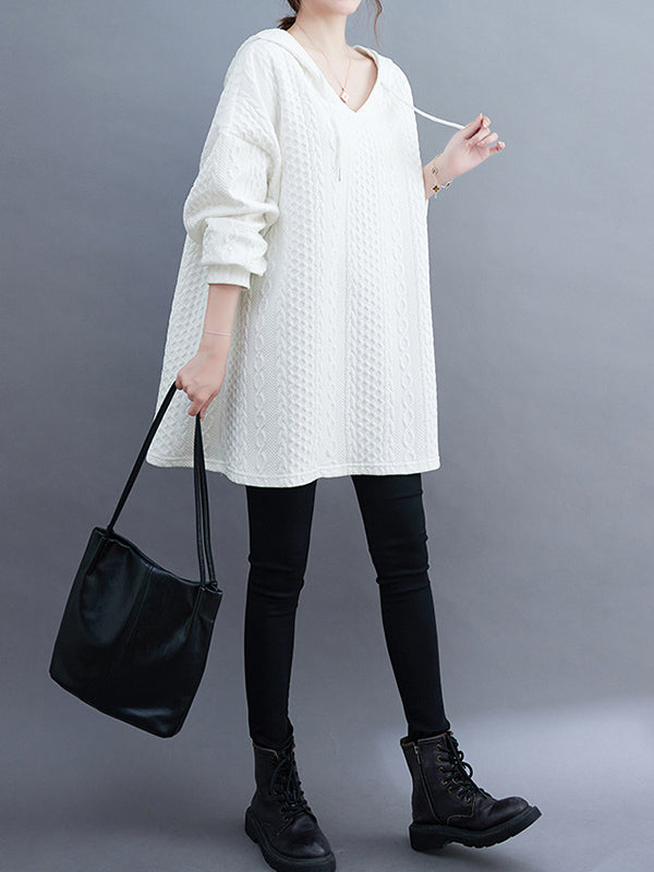 Drawstring Jacquard Solid Color Split-Joint Hooded Long Sleeves Hoodies Tops