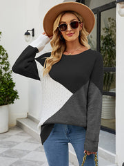 Casual Long Sleeves Loose Contrast Color Round-Neck Sweater Tops