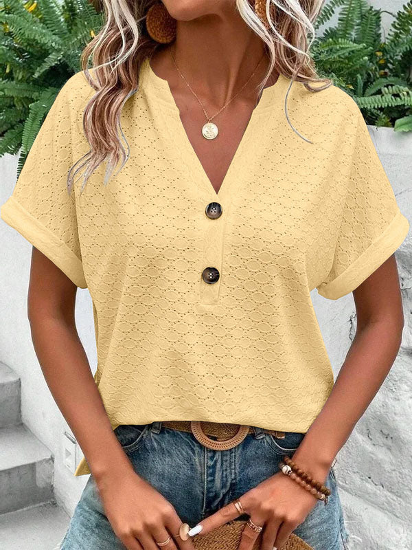 Buttoned Jacquard Split-Joint Loose Plus Size V-Neck T-Shirts Tops