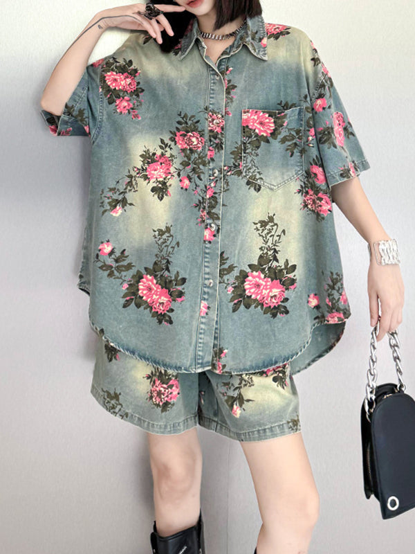 Floral Printed Split-Joint High-Low Loose Lapel Blouses&Shirts Tops