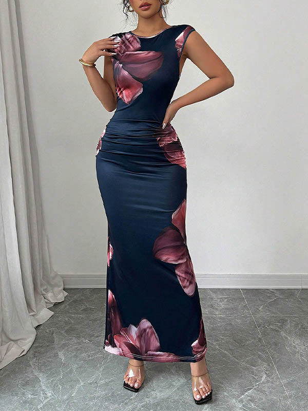 Contrast Color Flower Print Bodycon Sleeveless Round-Neck Maxi Dresses