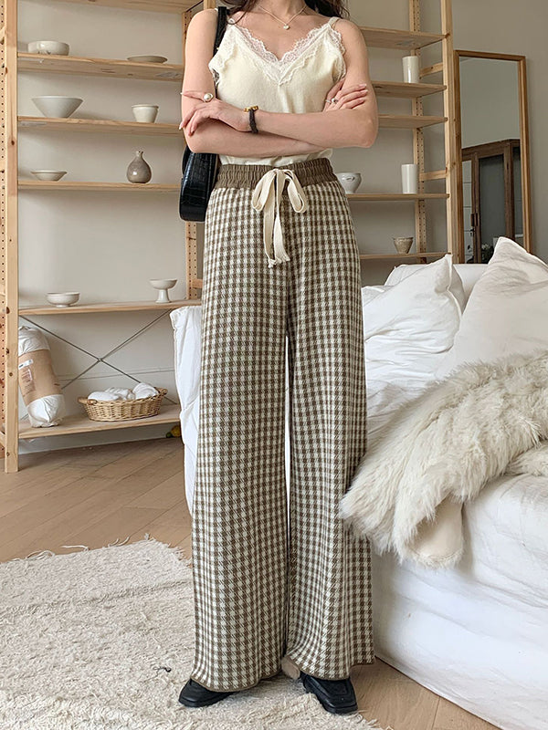 Drawstring Elasticity Plaid High Waisted Loose Trousers Pants