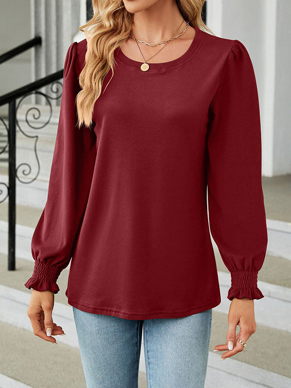 Elasticity Solid Color Long Sleeves Loose Round-Neck T-Shirts Tops