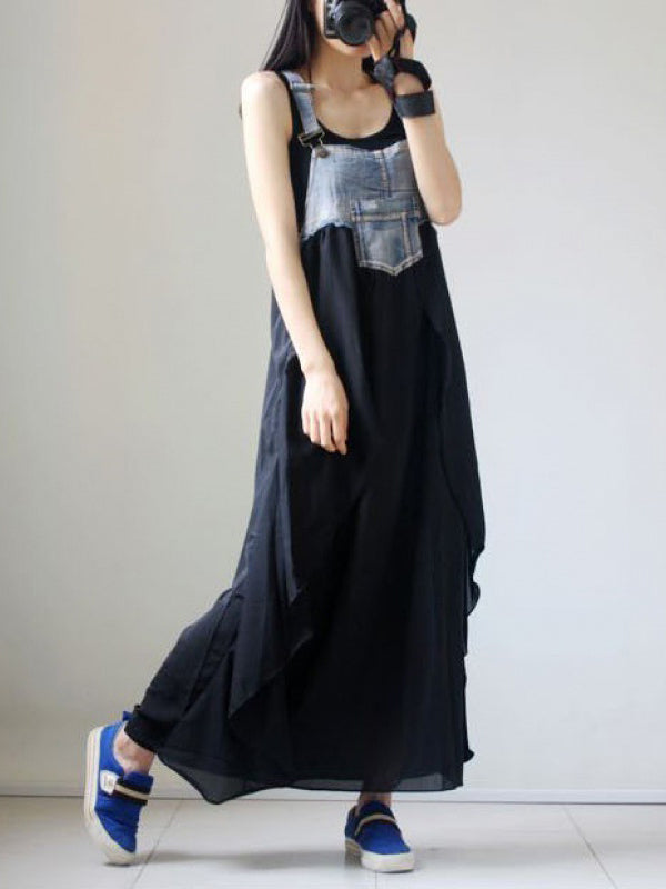 Falbala Split-Joint Irregularity Loose Spaghetti-Neck Maxi Dresses