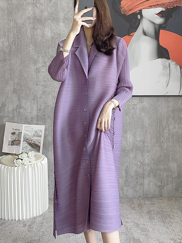 Solid Color Pleated Long Sleeves Shirt Dress Midi Dress