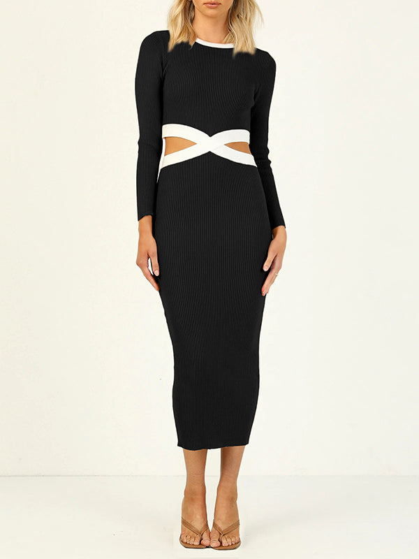 Hollow High Waisted Long Sleeves Round-Neck Midi Dresses