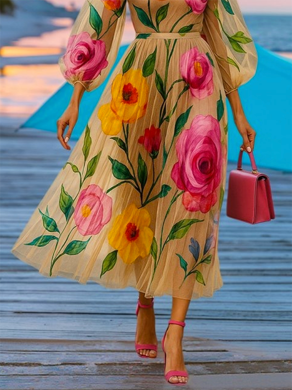 Loose Puff Sleeves Flower Print See-Through Round-Neck Midi Dresses