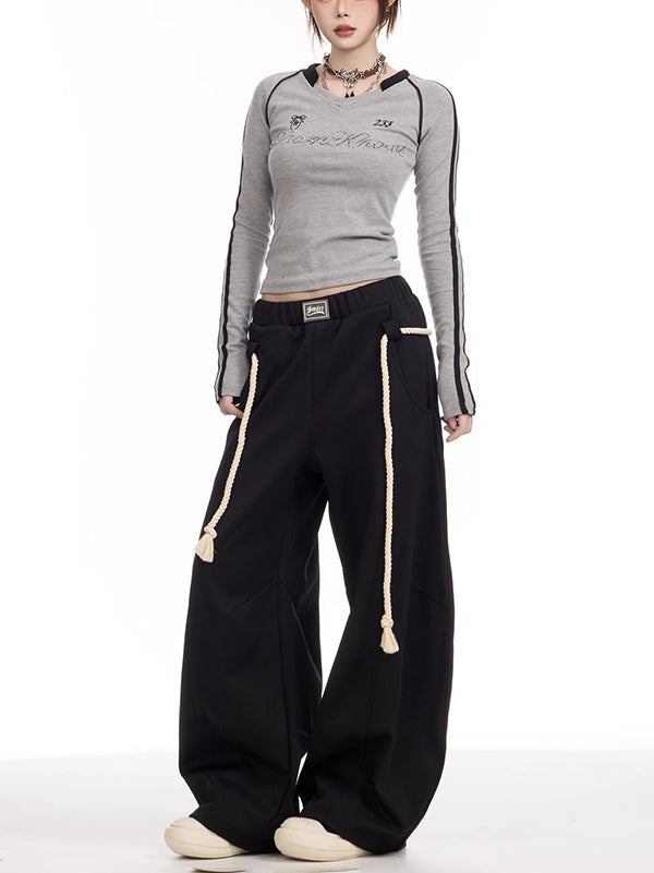 Drawstring Elasticity Pockets Solid Color High Waisted Loose Trousers Pants