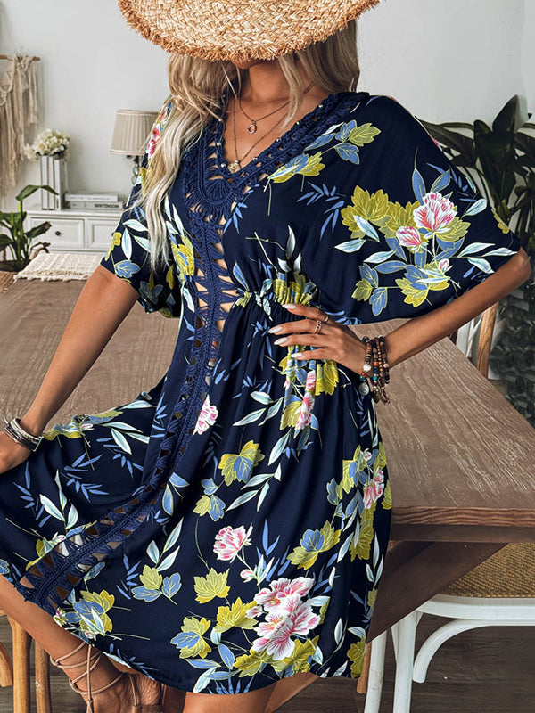 Flower Print Hollow Loose Short Sleeves V-Neck Mini Dresses Cover-Up