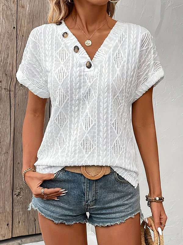 Buttoned Solid Color Loose Short Sleeves V-Neck T-Shirts Tops