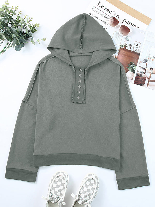 Buttoned Split-Joint Velvet Hooded Long Sleeves Sweatshirt Tops