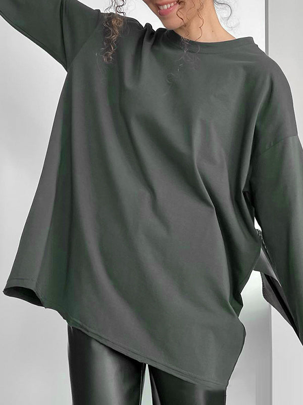 Solid Color Long Sleeves Loose Round-Neck T-Shirts Tops