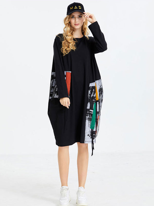 Original Split-Joint Contrast Color Long Sleeve Midi Dress