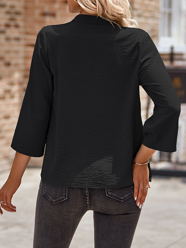 Asymmetric Buttoned Solid Color Long Sleeves Loose V-Neck Blouses&Shirts Tops