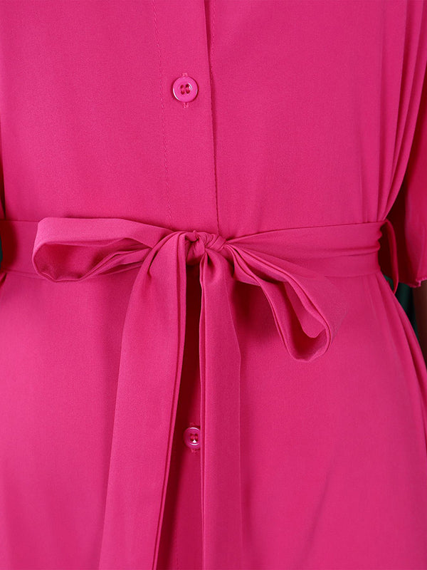 Pleated Solid Color Split-Joint Tied Waist Flared Sleeves Loose Stand Collar Shirt Dress Maxi Dresses