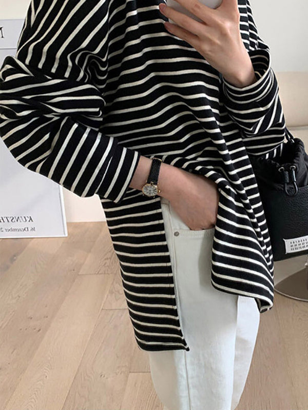 Split-Joint Split-Side Striped Long Sleeves Loose Round-Neck T-Shirts