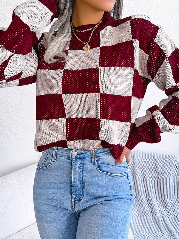 Contrast Color Plaid Long Sleeves Loose Round-Neck Sweater Tops