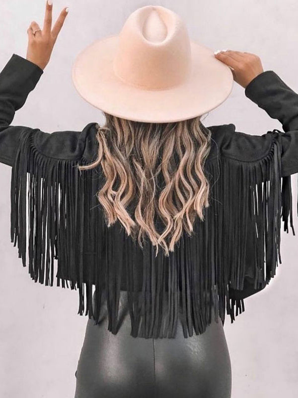 Solid Color Split-Joint Tasseled Long Sleeves Notched Collar Jackets