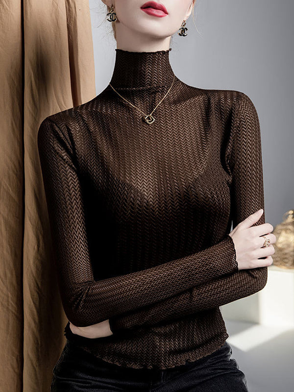Mesh See-Through Slightly Sheer Split-Joint Long Sleeves Plus Size High Neck T-Shirts