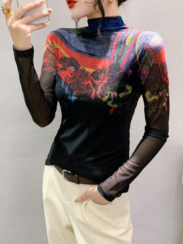 Printed See-Through Split-Joint Long Sleeves Plus Size High Neck T-Shirts