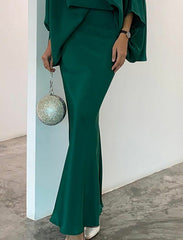 Batwing Sleeves Loose Solid Color Split-Joint Round-Neck Skirt Set Two Pieces Set