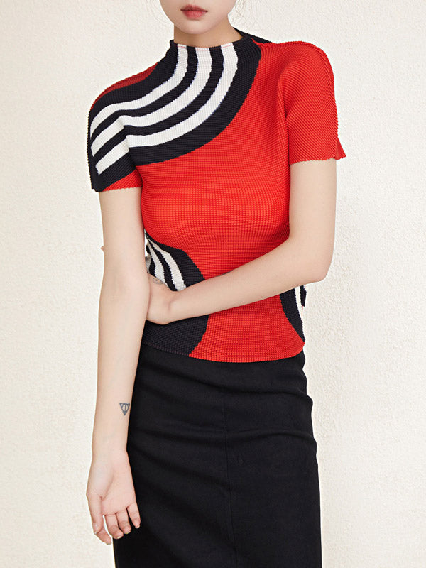 Contrast Color Printed Short Sleeves Mock Neck T-Shirts Tops