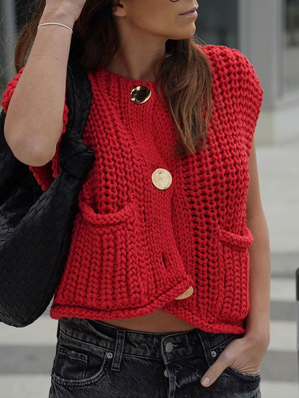 Buttoned Pockets Loose Sleeveless V-Neck Vest Outerwear