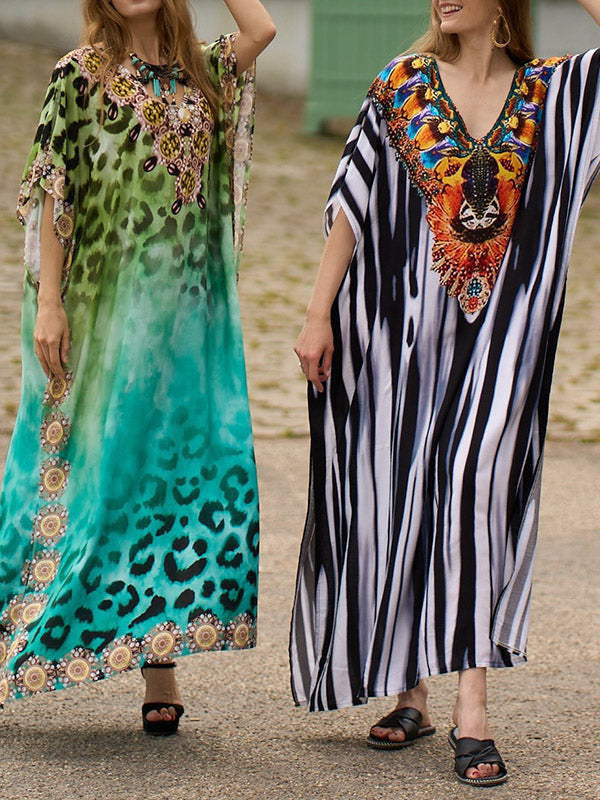 Leopard Printed Split-side Batwing Sleeves Loose V-neck Maxi Dresses Beach Cover-Up