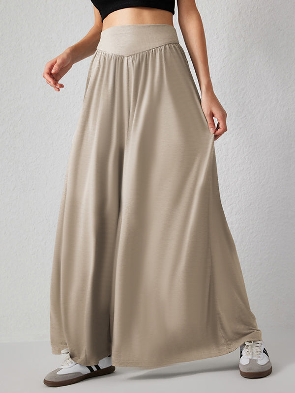 Pleated Pockets Solid Color Split-Joint High Waisted Loose Trousers Pants