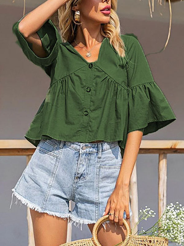 Buttoned Pleated Split-Joint Flared Sleeves Half Sleeves V-Neck T-Shirts Tops