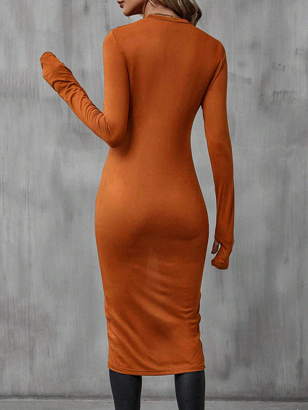 Solid Color Split-Joint High-Low Long Sleeves Round-Neck T-Shirts Tops