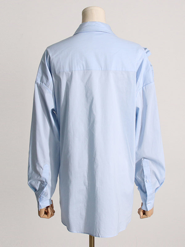 Asymmetric Buttoned Pleated Solid Color Split-Joint Three-Dimensional Flower Long Sleeves Loose Lapel Blouses&Shirts Tops