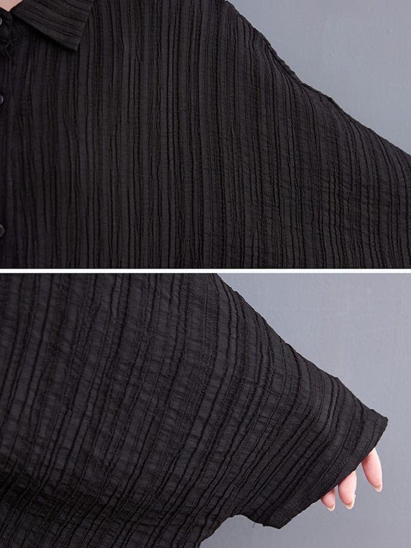 Pleated Solid Color Cropped Long Sleeves Lapel Blouses&shirts Tops
