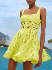 Buttoned Elasticity Hollow Solid Color High Waisted Loose Spaghetti-Neck Mini Dresses