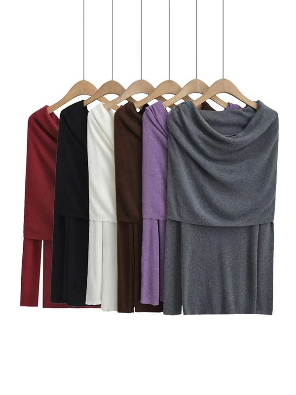 Pleated Solid Color Split-Joint Long Sleeves Skinny Off-the-shoulder Pullovers Knitwear