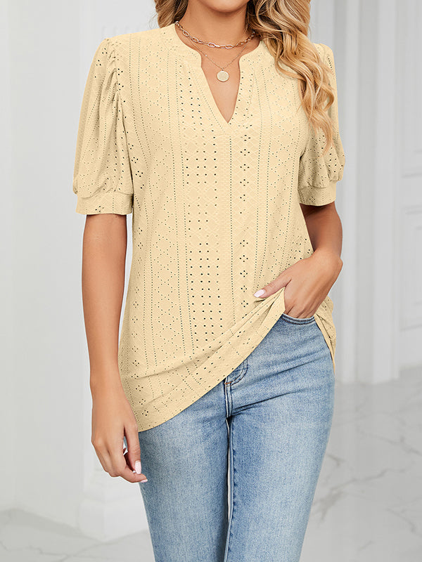 Hollow Solid Color Bishop Sleeve Loose V-neck T-Shirts Tops