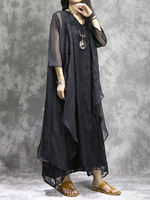 Flower Print Solid Color False Two Loose V-Neck Midi Dresses